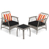 Two gray patio chairs with colorful cushions and a square coffee table, featuring adjustable backrests for outdoor.