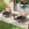 Two gray patio chairs with striped cushions and a square coffee table, perfect for outdoor relaxation on a sunny day.