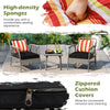 Patio PE wicker furniture set featuring two chairs with zippered cushion covers and a square coffee table for outdoor.