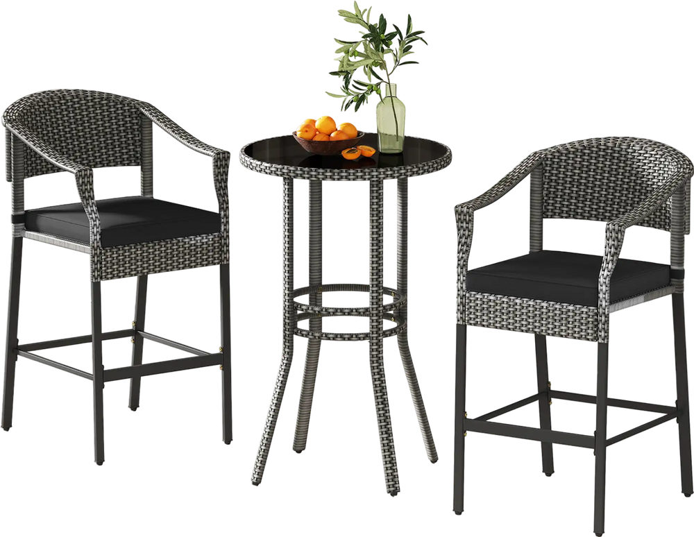 3-piece patio rattan bar set with gray chairs and tempered glass top, perfect for backyard poolside relaxation.