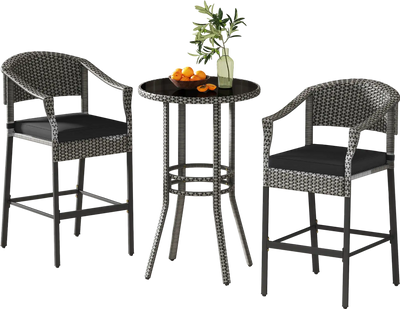 Costway 3-Piece Patio Rattan Bar Set Tempered Glass Top Gray 92375681 New