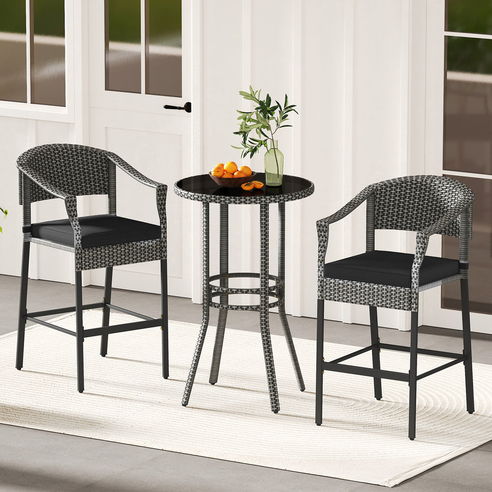 3-Piece Patio Rattan Bar Set with Tempered Glass Top for Backyard Poolside-Gray - Gallery View 1 of 10