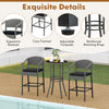 3-piece gray patio rattan bar set featuring ergonomic backrests, soft seat cushions, and a tempered glass top for.