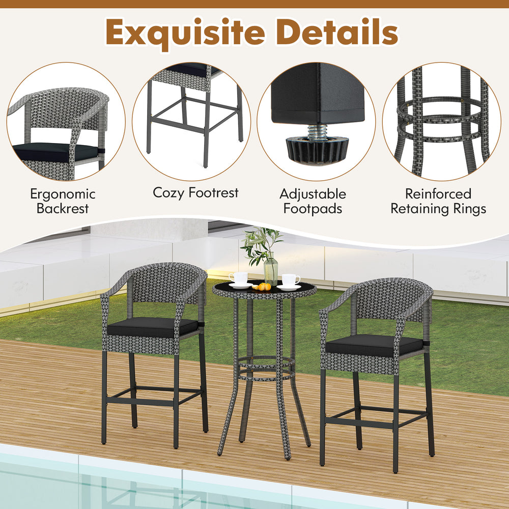 3-piece gray patio rattan bar set featuring ergonomic backrests, soft seat cushions, and a tempered glass top for.