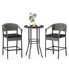 3-piece patio rattan bar set with tempered glass top, featuring gray hand-woven rattan and comfortable cushions for.