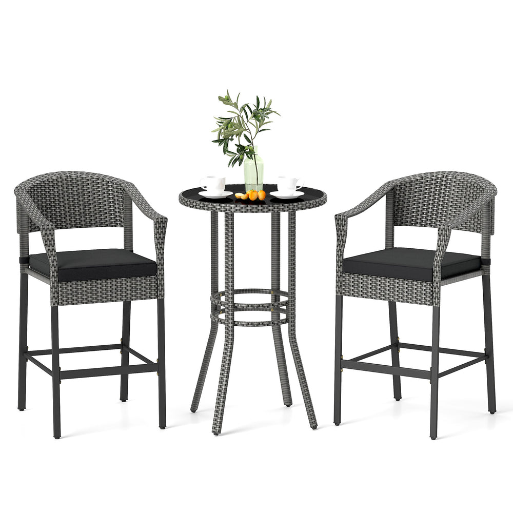 3-piece patio rattan bar set with tempered glass top, featuring gray hand-woven rattan and comfortable cushions for.
