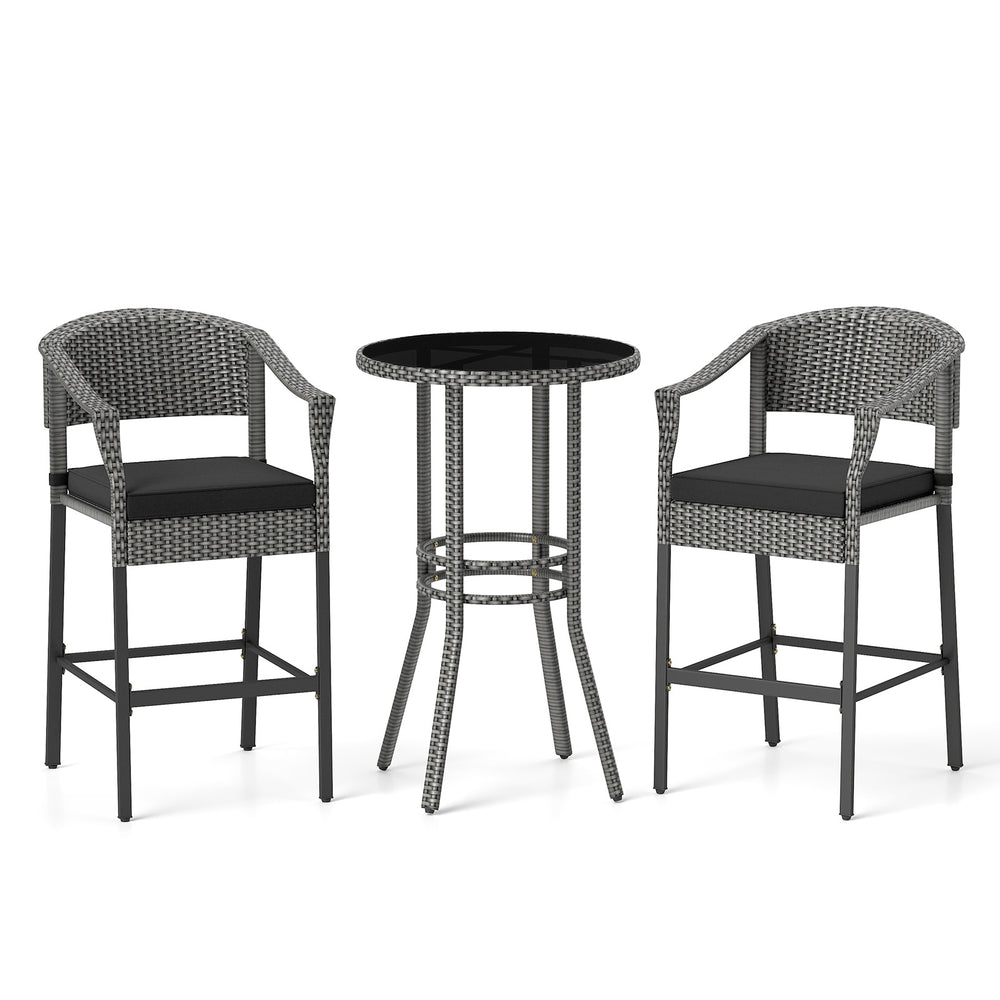 3-piece gray patio rattan bar set with tempered glass top, featuring ergonomic chairs and soft cushions for backyard.
