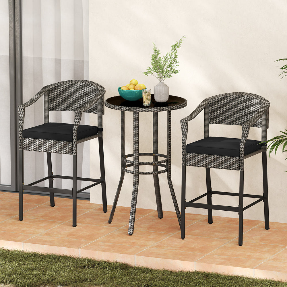 3-piece patio rattan bar set with gray cushions and tempered glass top, perfect for backyard or poolside relaxation.