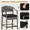 Close-up of the gray seat cushion with zippered cover and fixing ties for the 3-piece patio rattan bar set.