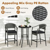 3-piece gray patio rattan bar set with tempered glass top, featuring hand-woven design and comfortable seat cushions.