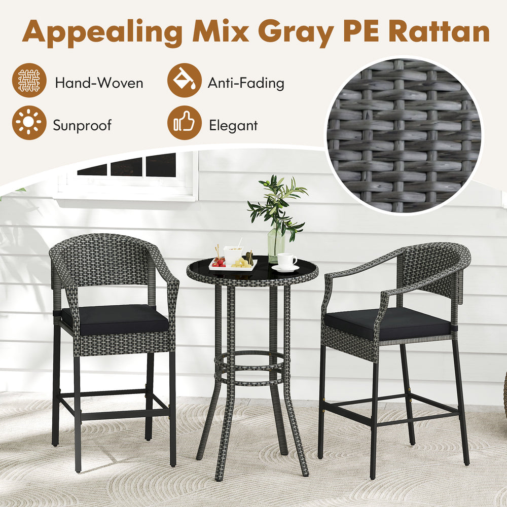 3-piece gray patio rattan bar set with tempered glass top, featuring hand-woven design and comfortable seat cushions.