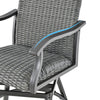 Close-up of the swivel bar chair with gray PE rattan, 4D air fiber cushion, and curved armrests for added comfort.