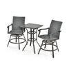 Swivel bar set featuring two chairs with gray PE rattan and a table, perfect for backyard or poolside relaxation.