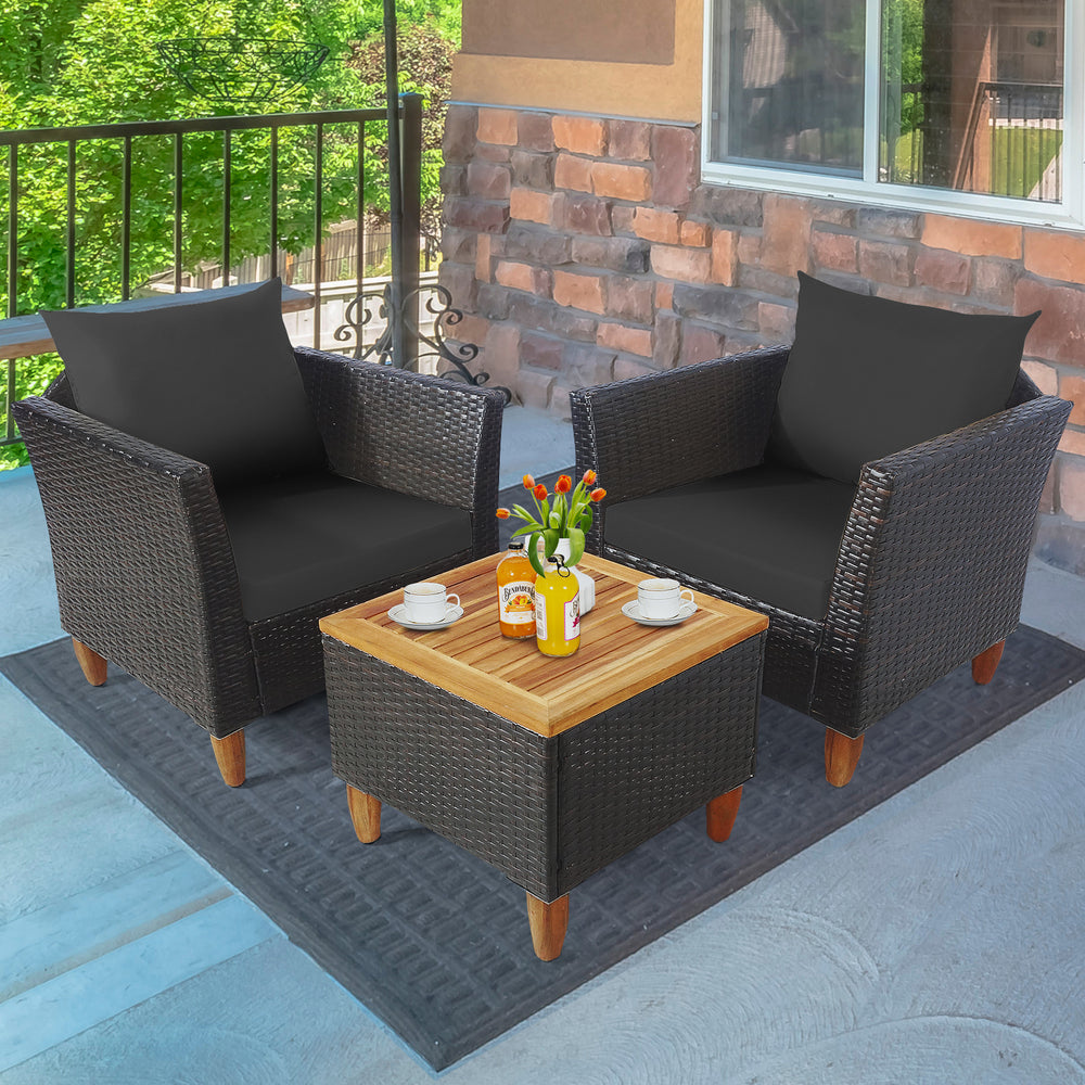 3 Pieces Patio Rattan Bistro Furniture Set with Wooden Table Top-Black - Gallery View 1 of 10
