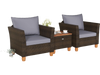 Two comfortable patio chairs with gray cushions and a wooden table, perfect for outdoor relaxation in any setting.