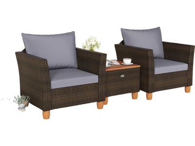 Costway 3-Piece Patio Rattan Bistro Furniture Set Wooden Table Top Gray 825697143 New