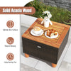 Gray patio bistro table with solid acacia wood top, featuring a splinter-free surface for outdoor use.