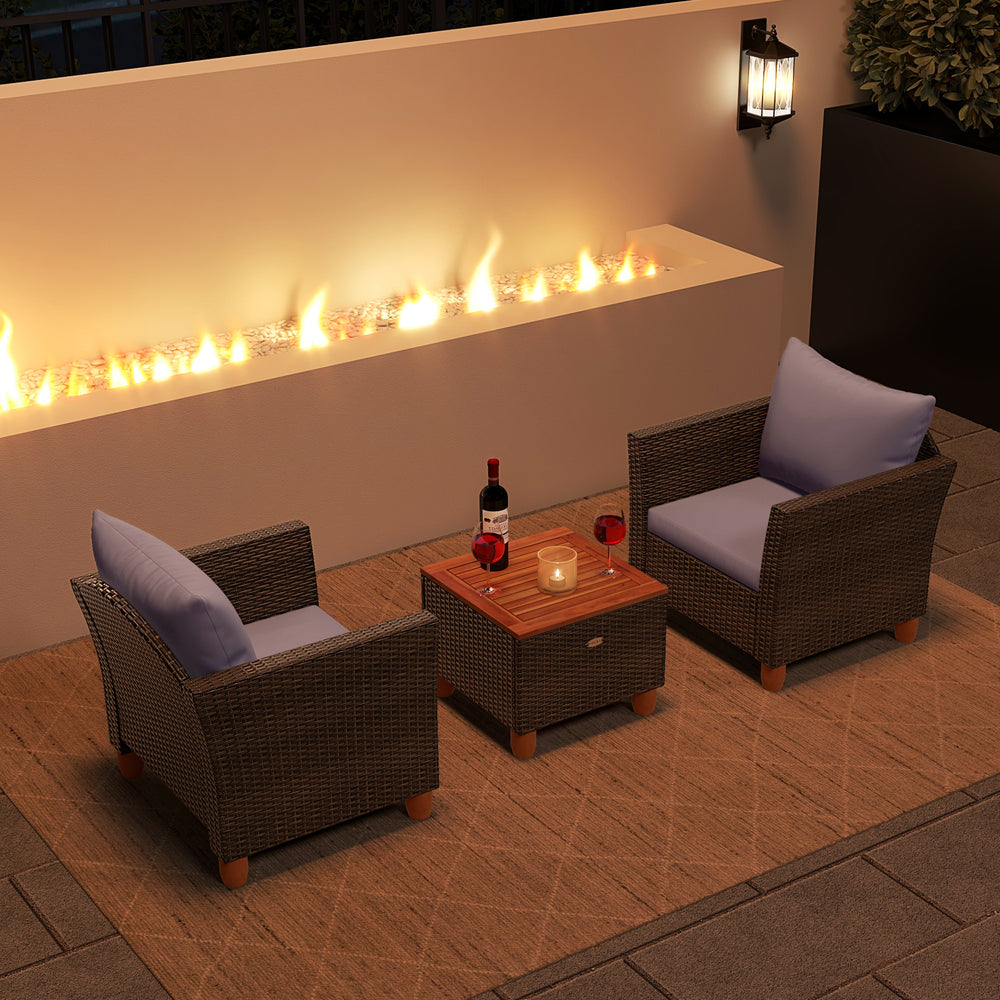 Two gray rattan chairs with blue cushions and a wooden coffee table, perfect for outdoor patio relaxation.