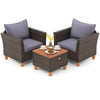 Two gray cushioned patio chairs with a wooden-top coffee table, perfect for outdoor relaxation in any setting.