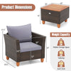 Gray rattan armchair with cushion and wooden tabletop, part of a 3-piece patio furniture set for outdoor relaxation.