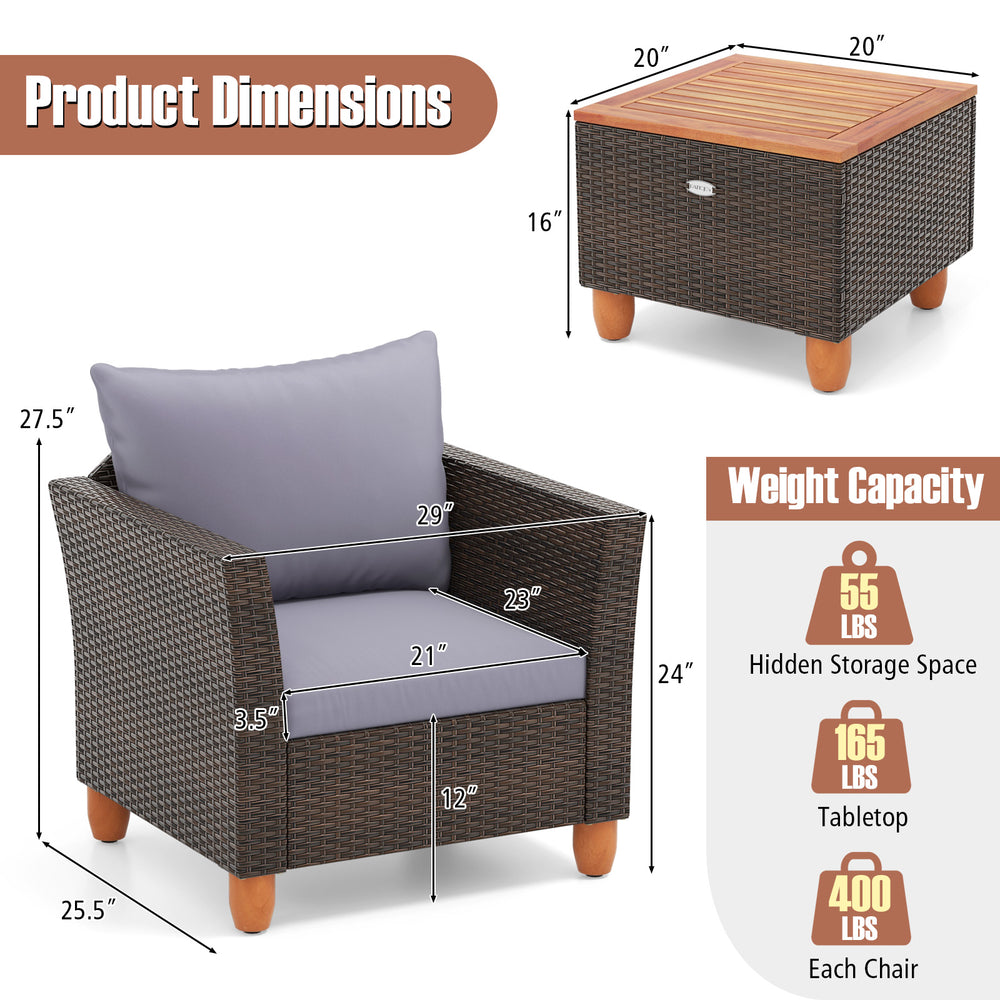 Gray rattan armchair with cushion and wooden tabletop, part of a 3-piece patio furniture set for outdoor relaxation.