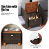 Side table with flip top in gray PE rattan, offering hidden storage for outdoor patio convenience.