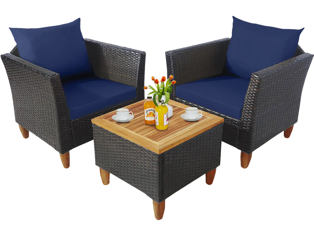 Patio rattan bistro furniture set with navy cushions and wooden table top, perfect for outdoor relaxation.