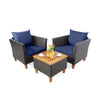 Two navy blue cushioned chairs with a wooden table, part of a 3-piece patio rattan bistro furniture set for outdoor use.