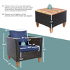 Single patio rattan chair with navy cushion, featuring ergonomic armrests and sturdy acacia wood table top for outdoor.