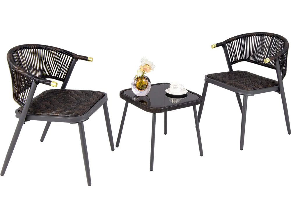 3-piece patio rattan furniture set featuring brown and black chairs with a glass-top coffee table, ideal for poolside.