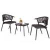 Two brown and black patio chairs with a glass-top coffee table, ideal for backyard and poolside relaxation.