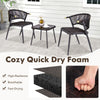 Three-piece patio rattan furniture set in brown and black with quick dry foam, perfect for backyard and poolside.