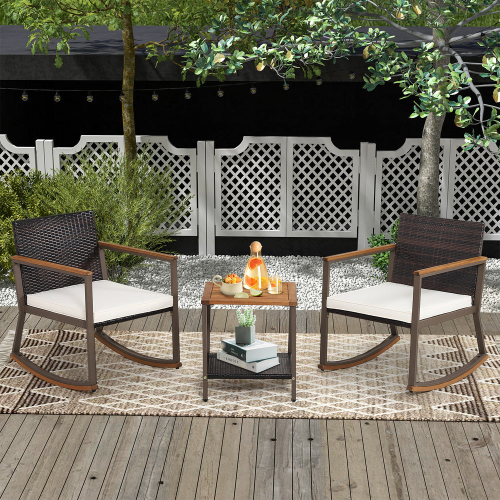3 Pieces Rattan Rocking Bistro Set with Coffee Table and Cushions-Off White - Gallery View 1 of 11