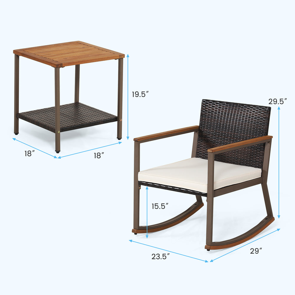 Rattan rocking chair with off-white cushion and acacia wood coffee table, perfect for outdoor relaxation.