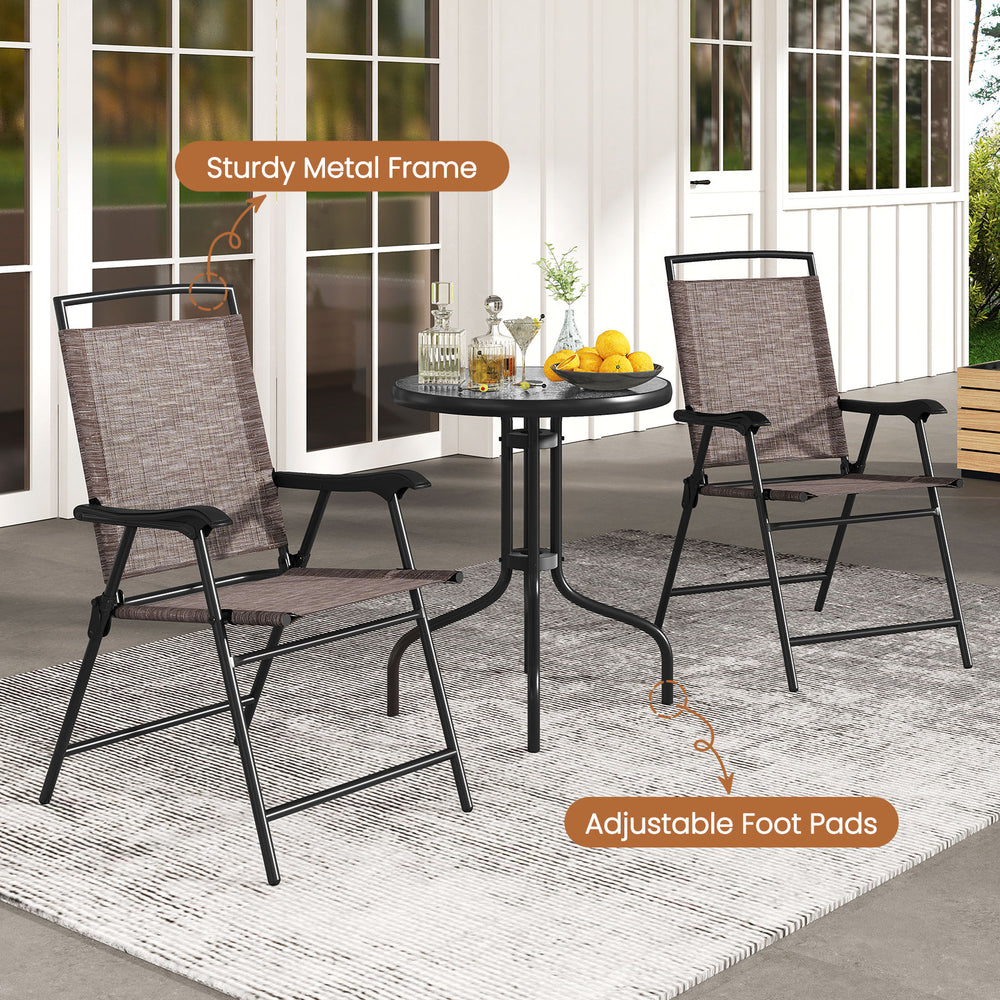Folding chairs and round table set with rippled tempered glass, sturdy metal frame, perfect for patios and balconies.