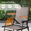 Close-up of the breathable fabric with curved armrests and inclined backrest on a folding patio chair for summer.