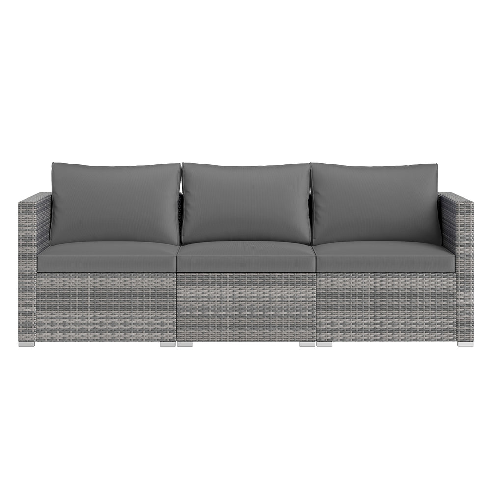 Three-piece patio sectional sofa set in gray PE rattan with soft cushions, ideal for outdoor relaxation.