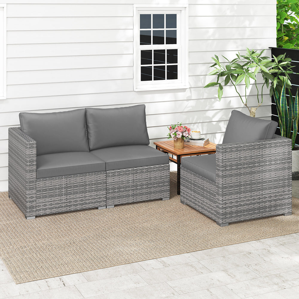 Gray 3-piece patio sectional sofa set with soft cushions, featuring hand-woven PE rattan for outdoor relaxation.