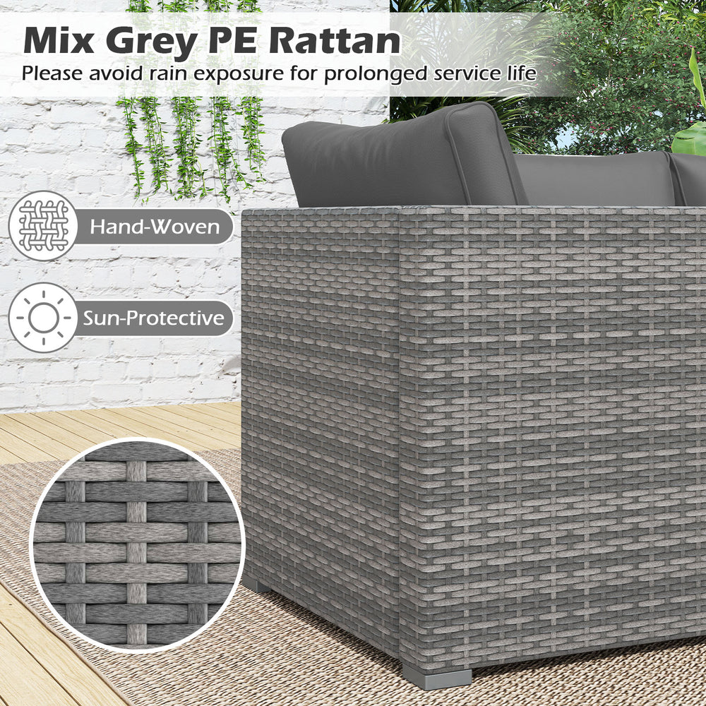 Hand-woven gray PE rattan sectional sofa set with soft cushions, ideal for patio and garden relaxation.