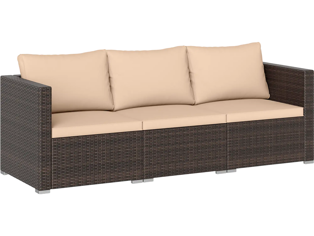 Three-piece patio sectional sofa set in dark PE rattan with soft beige cushions, ideal for outdoor relaxation.