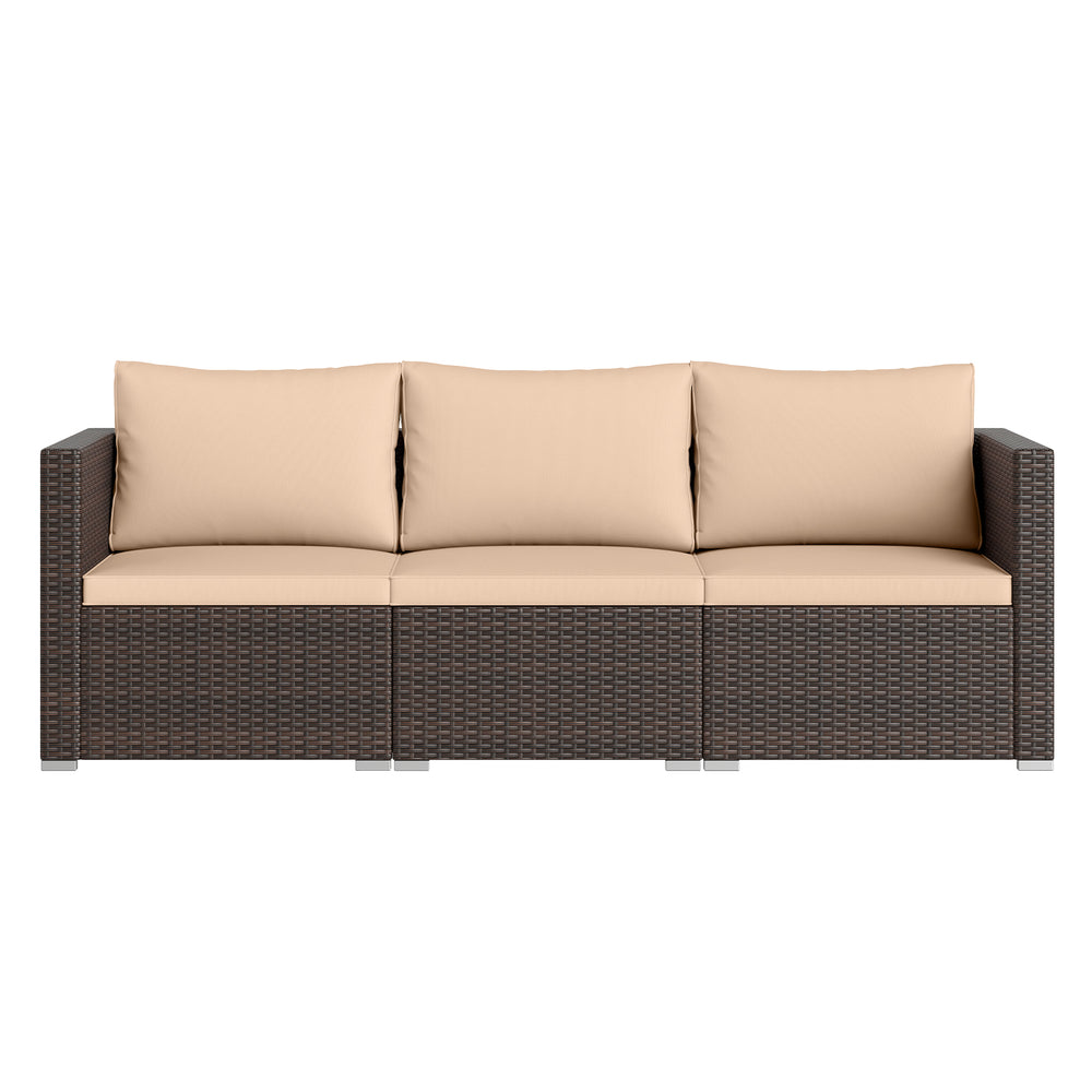 Three-piece patio sectional sofa set in dark brown PE rattan with soft beige cushions, ideal for outdoor relaxation.