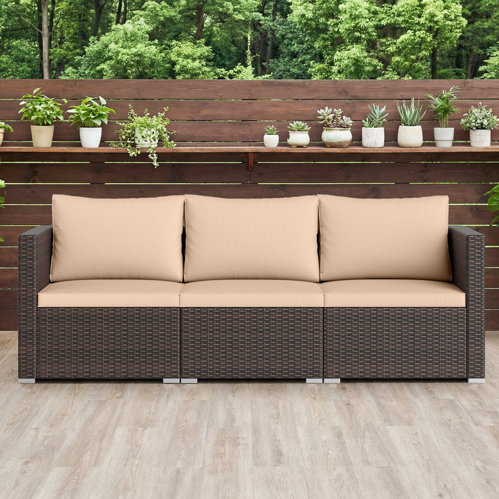 Three-piece patio sectional sofa set in beige with soft cushions, ideal for garden or poolside relaxation.