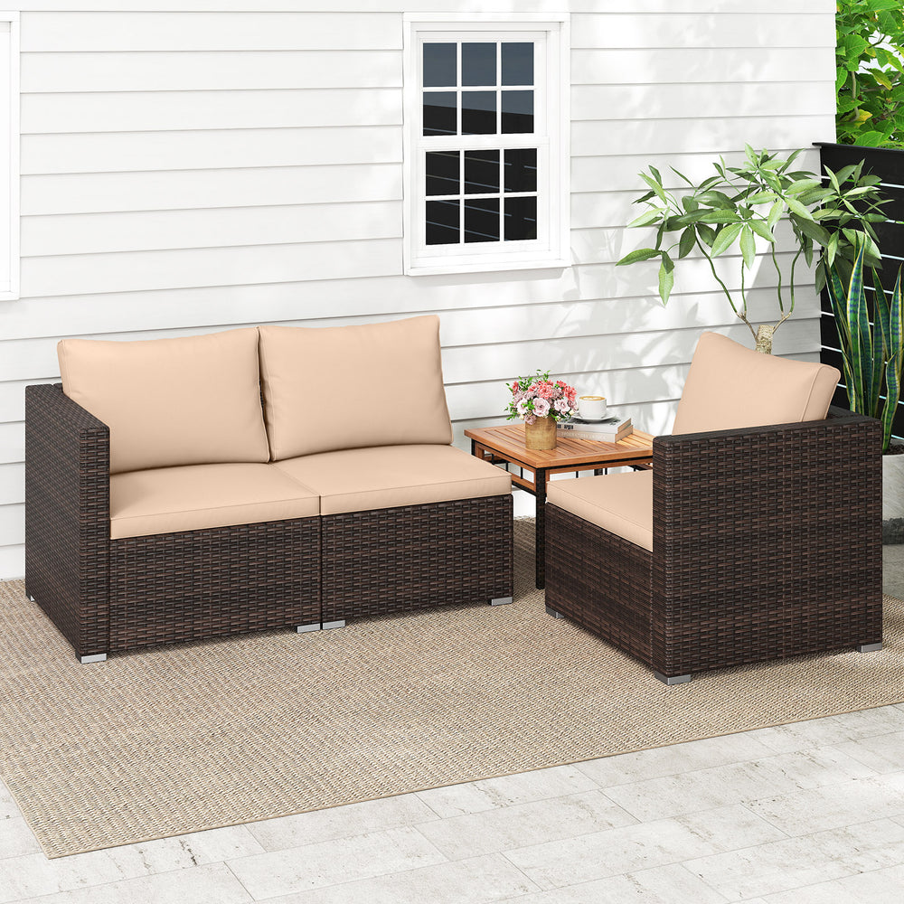 3-piece patio sectional sofa set with beige cushions, featuring hand-woven PE rattan, ideal for outdoor relaxation.