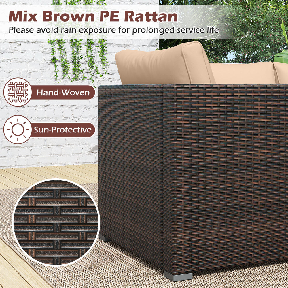 Hand-woven mix brown PE rattan sectional sofa set with beige cushions, ideal for patio and garden relaxation.