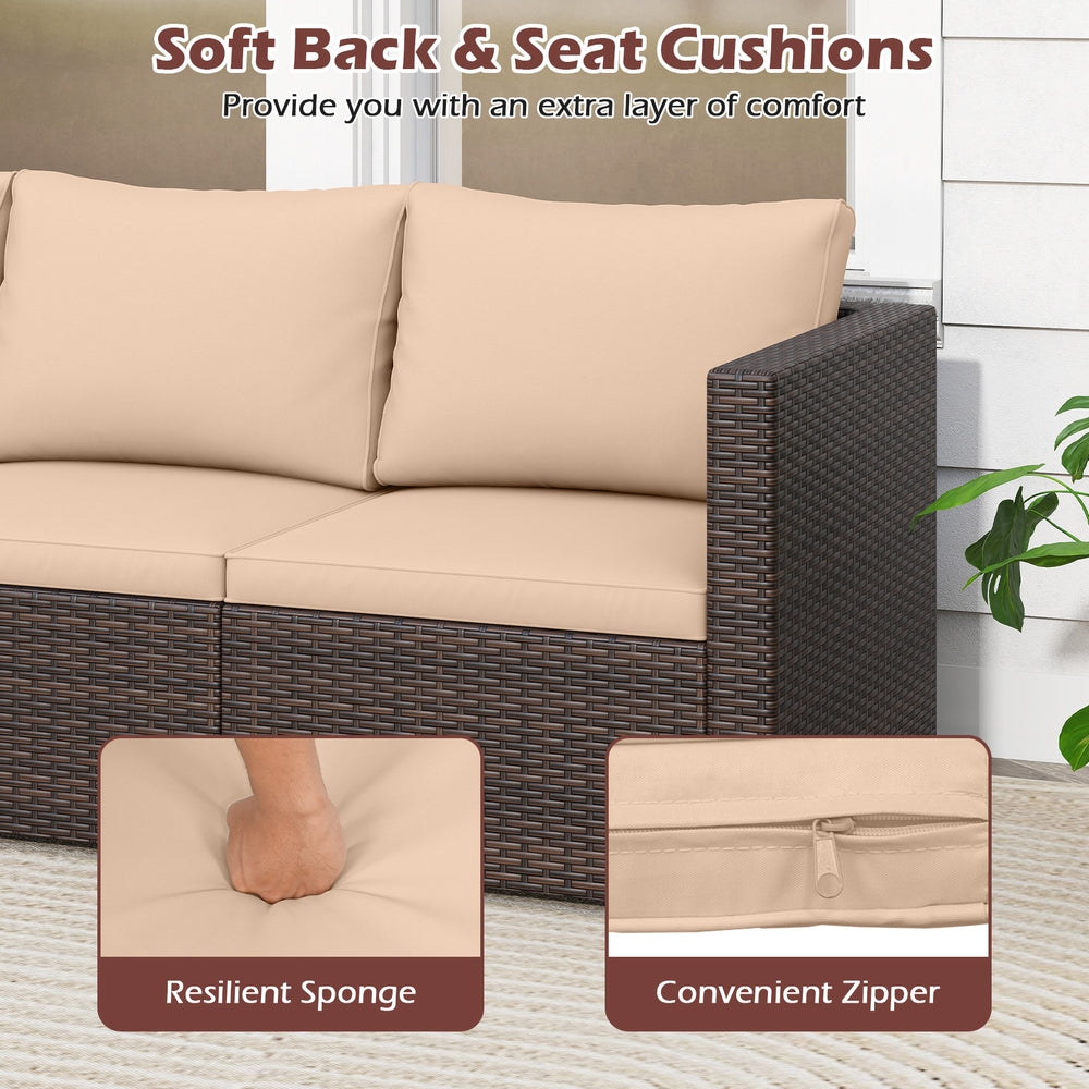 Close-up of soft beige cushions with zippers on a 3-piece patio sectional sofa set made of durable PE rattan.