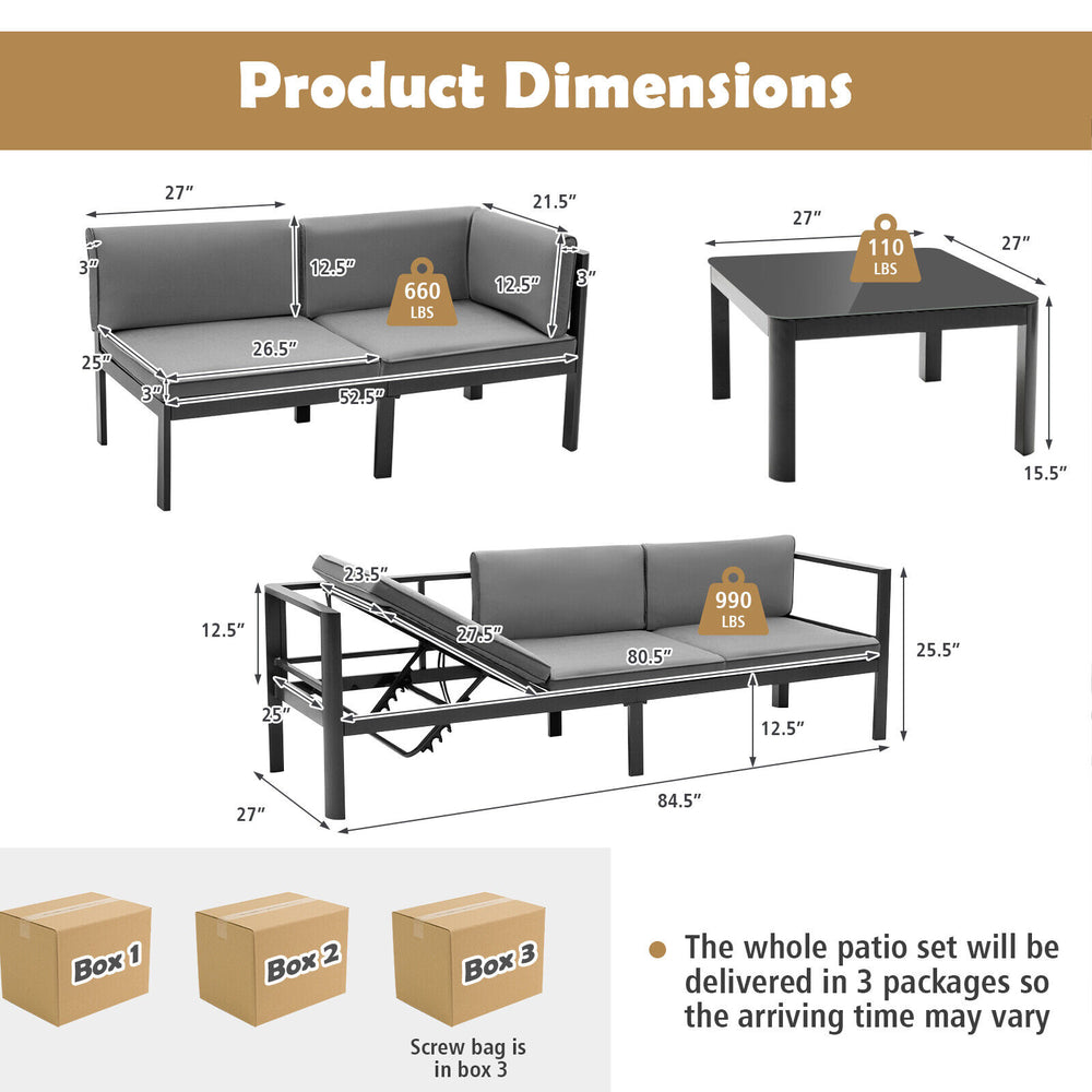 3-piece aluminum patio furniture set featuring a gray 3-seat sofa with adjustable backrest and tempered glass tabletop.
