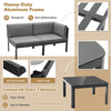 3-piece aluminum patio furniture set featuring a gray cushioned sofa with a tempered glass tabletop for outdoor.