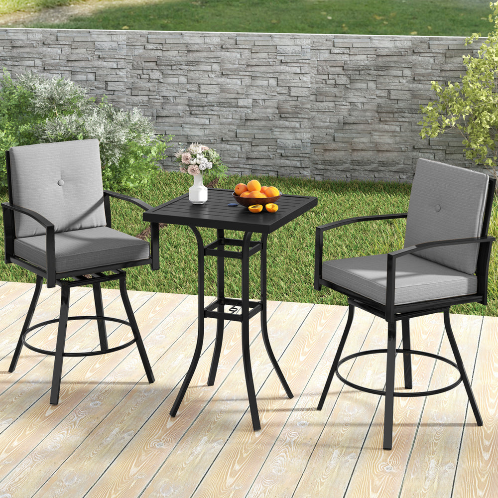 3 Pieces Patio Swivel Bar Set with Soft Cushions and Umbrella Hole-Gray - Gallery View 1 of 11