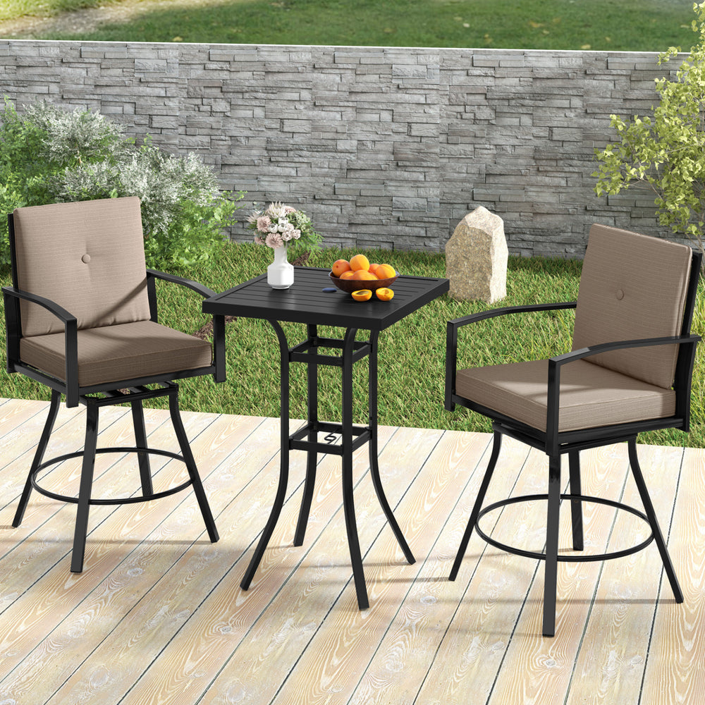 3 Pieces Patio Swivel Bar Set with Soft Cushions and Umbrella Hole-Brown - Gallery View 1 of 11