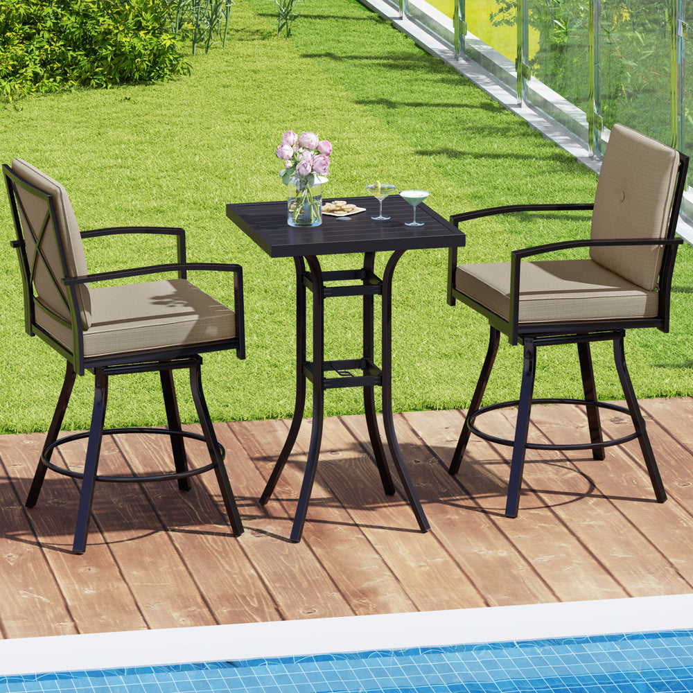 Stylish patio swivel bar chair with soft cushions and sturdy metal construction, perfect for comfortable outdoor seating.